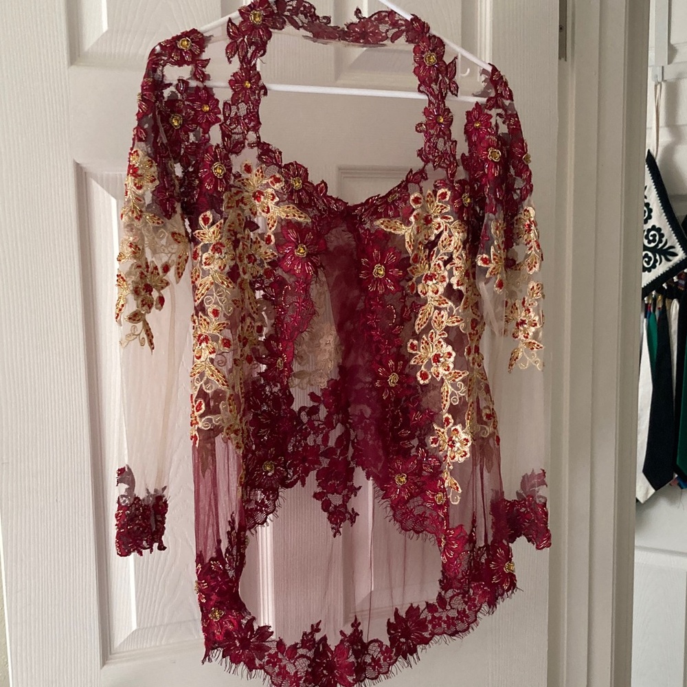 Indonesian Kebaya Elegant Red and Cream Lace Top and batique skirt